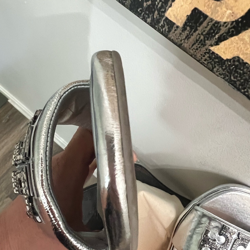 Tory Burch Crystal Double T slide Metallic Silver Sandals - Picture 6 of 9